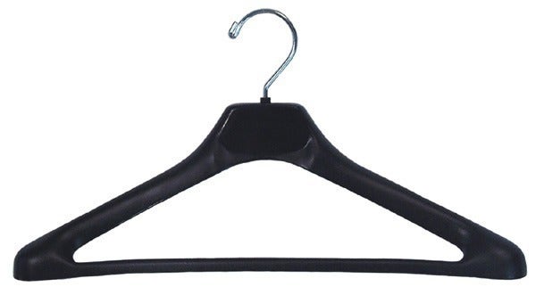 17" Black Plastic Concave Suit Hanger with Extra Wide Shoulders, Attached Pant Bar