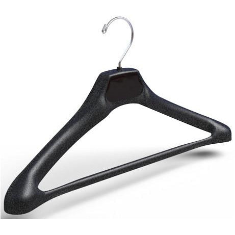 19" Black Plastic Concave Suit Hanger with Extra Wide Shoulders, Attached Pant Bar